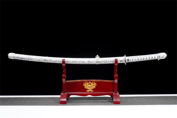 Handmade High Carbon Steel Full Tang Real Japanese Katana With Silver Sculpted Leather Sheath