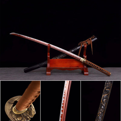 Handmade Spring Steel Full Tang Real Japanese Katana With Embossed Dragon Sheath