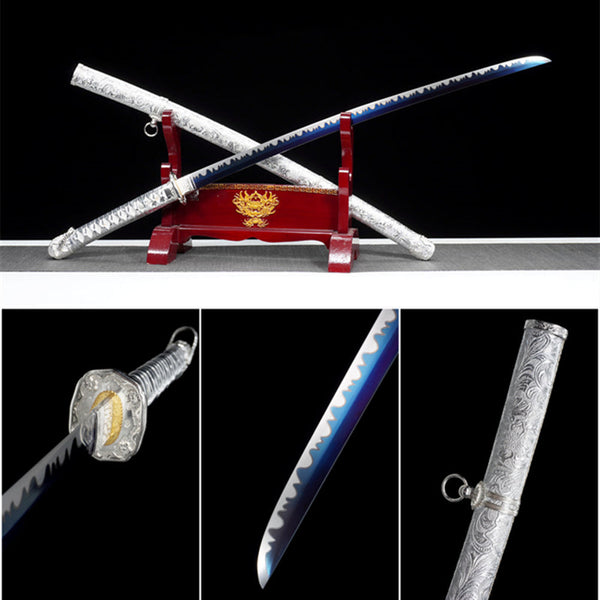 Handmade High Carbon Steel Full Tang Real Japanese Katana With Silver Sculpted Leather Sheath